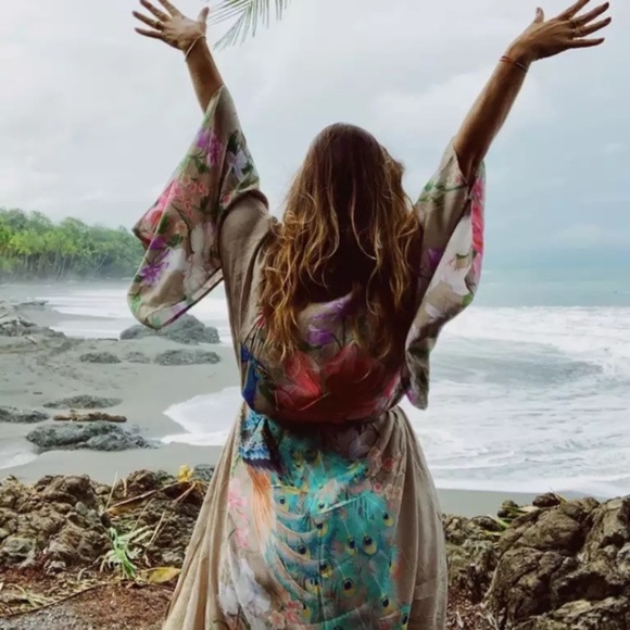 Boho Gypsy Floral Peacock Open Kimono Duster Robe - Picture 1 of 12
